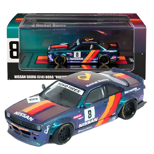 INNO64 Nissan Silvia (S14) Boss Rocket Bunny 1:64 Scale Die-Cast Model Car | Premium Metal JDM Widebody Collector Replica with Detailed Interior, Realistic Wheels, Racing Livery, Acrylic Display Case & Collector Box | Purple Multi-Color