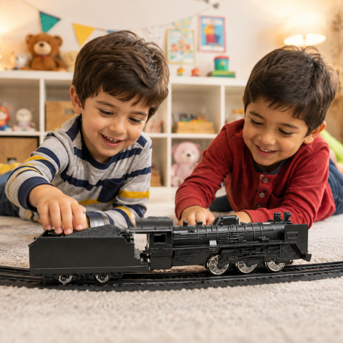 Classic Steam Locomotive Toy Train with Coal Tender | Push & Play Railway Engine for Kids | Black Locomotive with Display Track