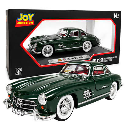 Mercedes-Benz 300SL Gullwing 1:24 Scale Die-Cast JJ222 Model Car with Smoke Effect, Lights & Sound | Pull Back Alloy Sports Car with Opening Doors, Hood & Trunk | Dark Green