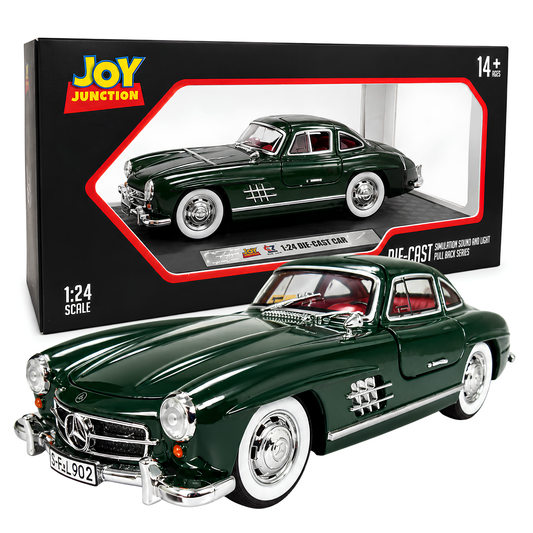 Mercedes-Benz 300SL Gullwing 1:24 Scale Die-Cast JJ222 Model Car with Smoke Effect, Lights & Sound | Pull Back Alloy Sports Car with Opening Doors, Hood & Trunk | Dark Green