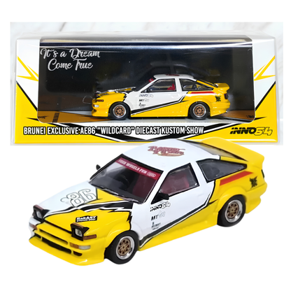 INNO64 Toyota Corolla AE86 Wildcard Kustom Show 1:64 Scale Die-Cast Model Car | Premium Metal JDM Collector Edition with Detailed Interior, Realistic Wheels & Acrylic Display Case | Yellow & White