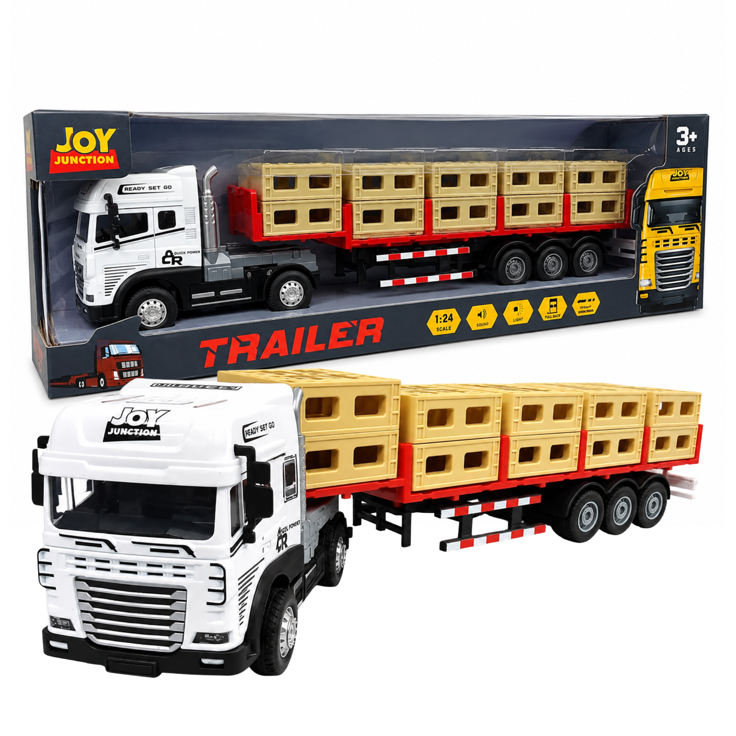 Joy Junction 1:24 Scale Die-Cast Transport Trailer JJ48 Model | Heavy Duty Cargo Truck with Detachable Trailer, Lights & Sound, | Alloy Transport Toy for Kids & Collectors