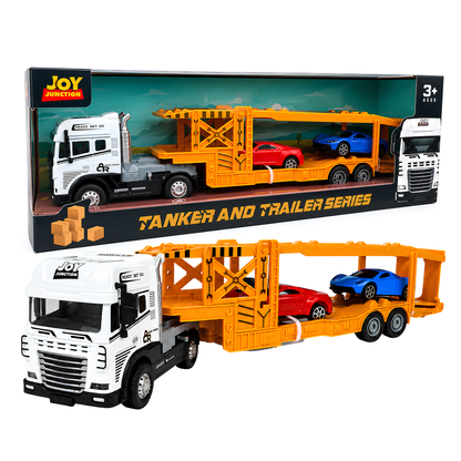 Joy Junction JJ58 1:24 Scale Die-Cast Car Carrier Truck with 2 Sports Cars | Heavy Duty Alloy Transport Trailer, Lights & Sound | Premium Vehicle Transport Model Toy for Kids, Collectors & Display