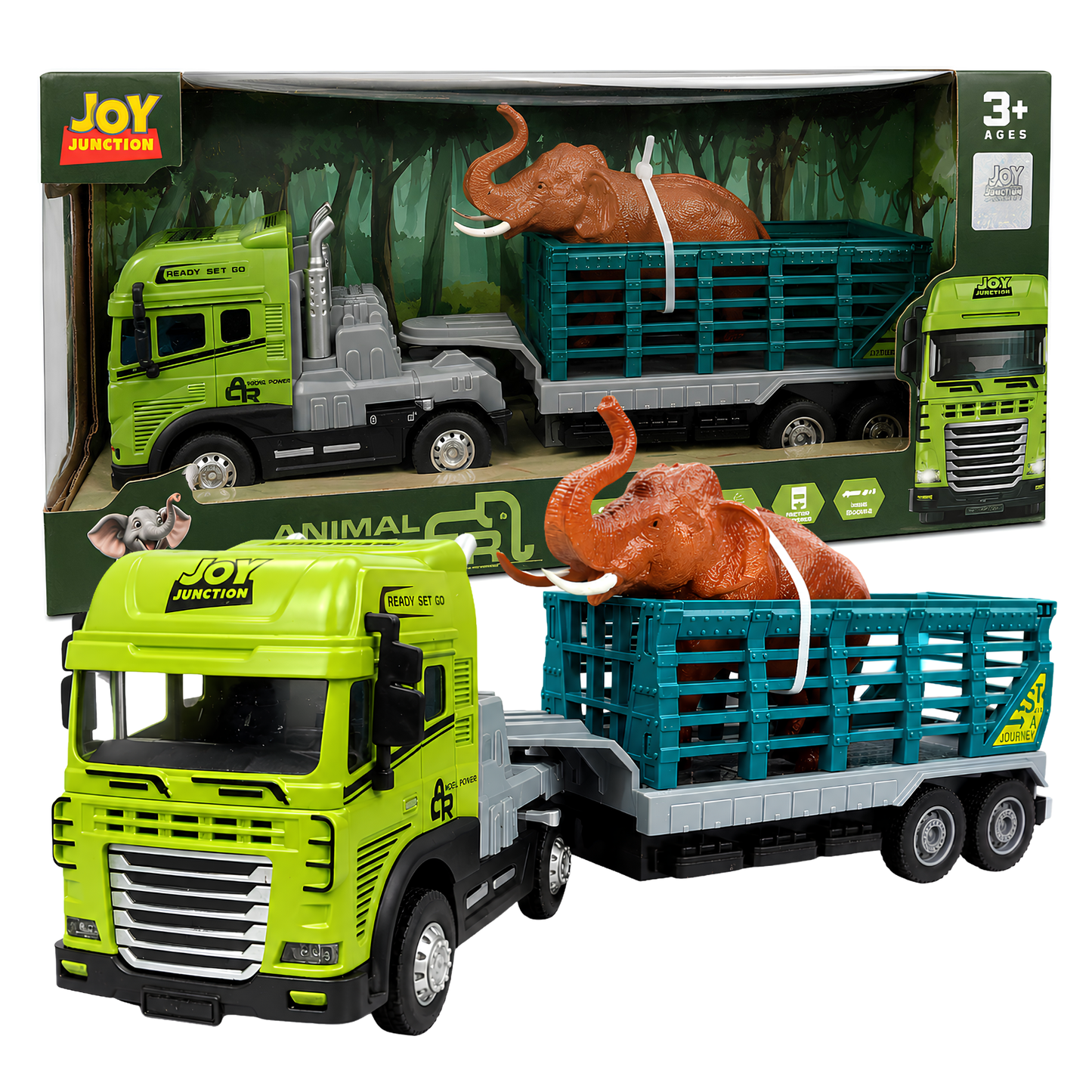Joy Junction 1:24 Scale Animal Trailer Toy Truck with Elephant | Die-Cast Metal Cab Head, Light & Sound, Friction Powered Heavy Duty Transport Truck for Kids