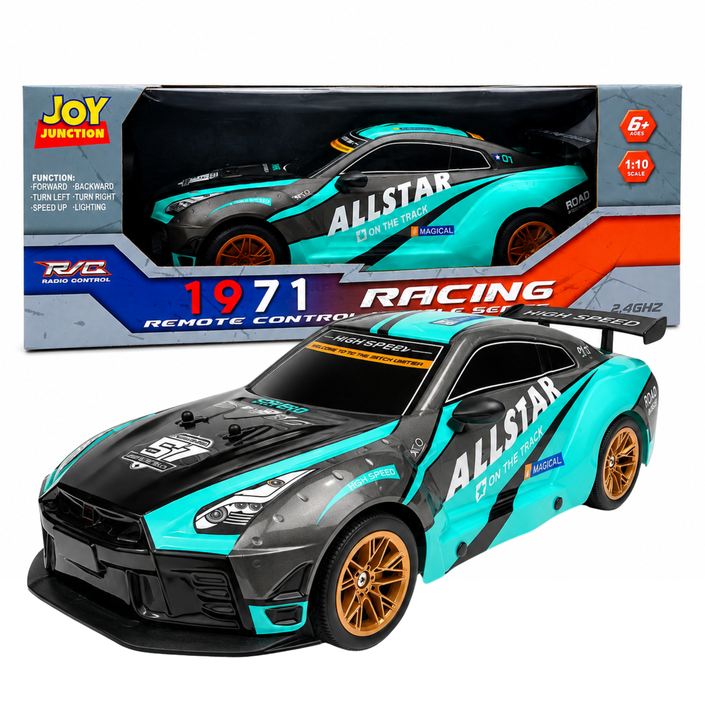 Joy Junction 1:10 Scale RC Racing Car 1971 Series | 2.4GHz Remote Control Sports Car with LED Lights, High - Speed Racing, Forward/Reverse, Left & Right Steering, Speed Boost | Rechargeable Remote Control Car for Kids Ages