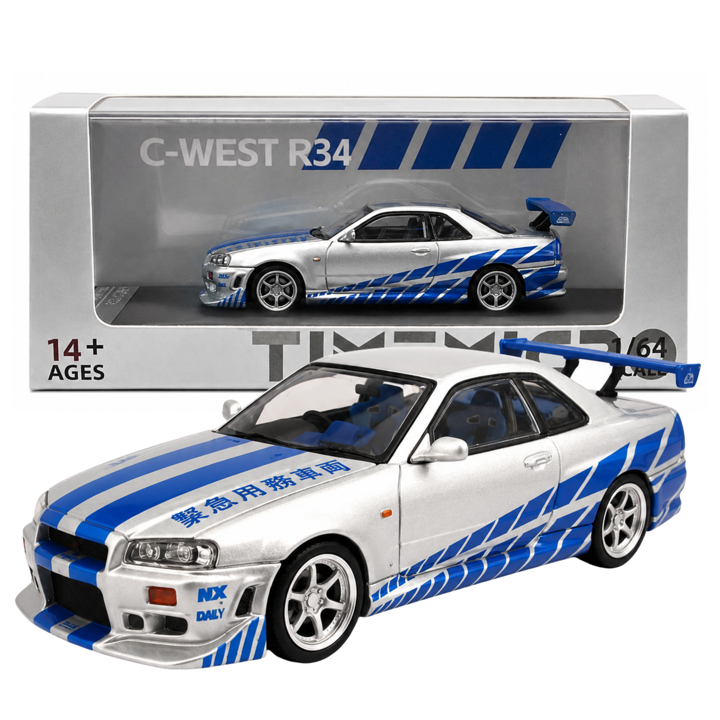 Time Micro 1:64 Nissan Skyline GT-R R34 C-West Silver & Blue Die-Cast Model Car | JDM Japanese Racing Sports Car Miniature | Detailed Collectible Scale Model with Racing Livery Display Box | Premium Nissan R34 Diecast Car for Collectors & Display