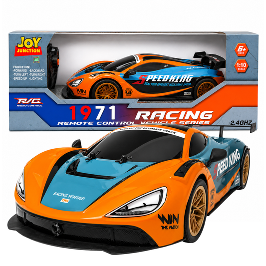 Joy Junction 1:10 Scale RC Racing Sports Car (Orange/Blue) | 2.4GHz Remote Control 1971 Racing Vehicle Series with LED Lights, High-Speed Rechargeable RC Car, Forward & Reverse, Left & Right Steering, Speed Boost, Remote Control Toy for Kids Ages
