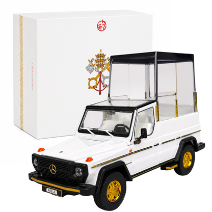 W461 Pope Edition 1:64 Scale Premium Diecast Mercedes-Benz G-Class Popemobile Model Car | Highly Detailed Collectible Miniature Display Vehicle with Transparent Display Cabin, Gold Accent Wheels, Luxury Collector Gift Box & Showcase Packaging