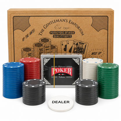 The Gentleman’s Emporium Poker Set with Multicolour Chips, Playing Cards & Dealer Button – Classic Poker Game Gift Set