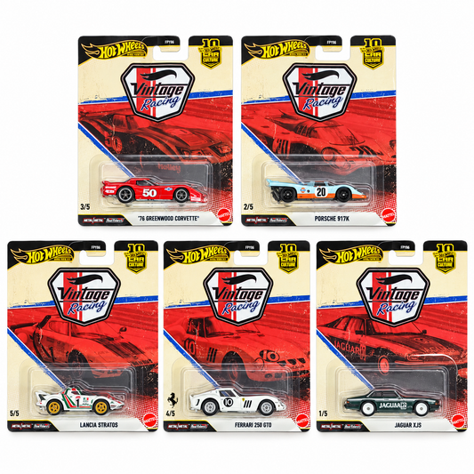 Hot Wheels Premium FPY86-961T 1:64 Vintage Racing Complete Set of 5 Die-Cast Cars – Porsche 917K, Ferrari 250 GTO, Corvette, Lancia Stratos & Jaguar XJS | Car Culture 10th Collection