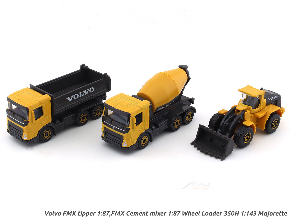 Majorette Volvo Construction Vehicle Set – (Wheel Loader, Cement Mixer & Truck Dumper)3 Piece Die-Cast Construction Trucks Toy Set (3+)