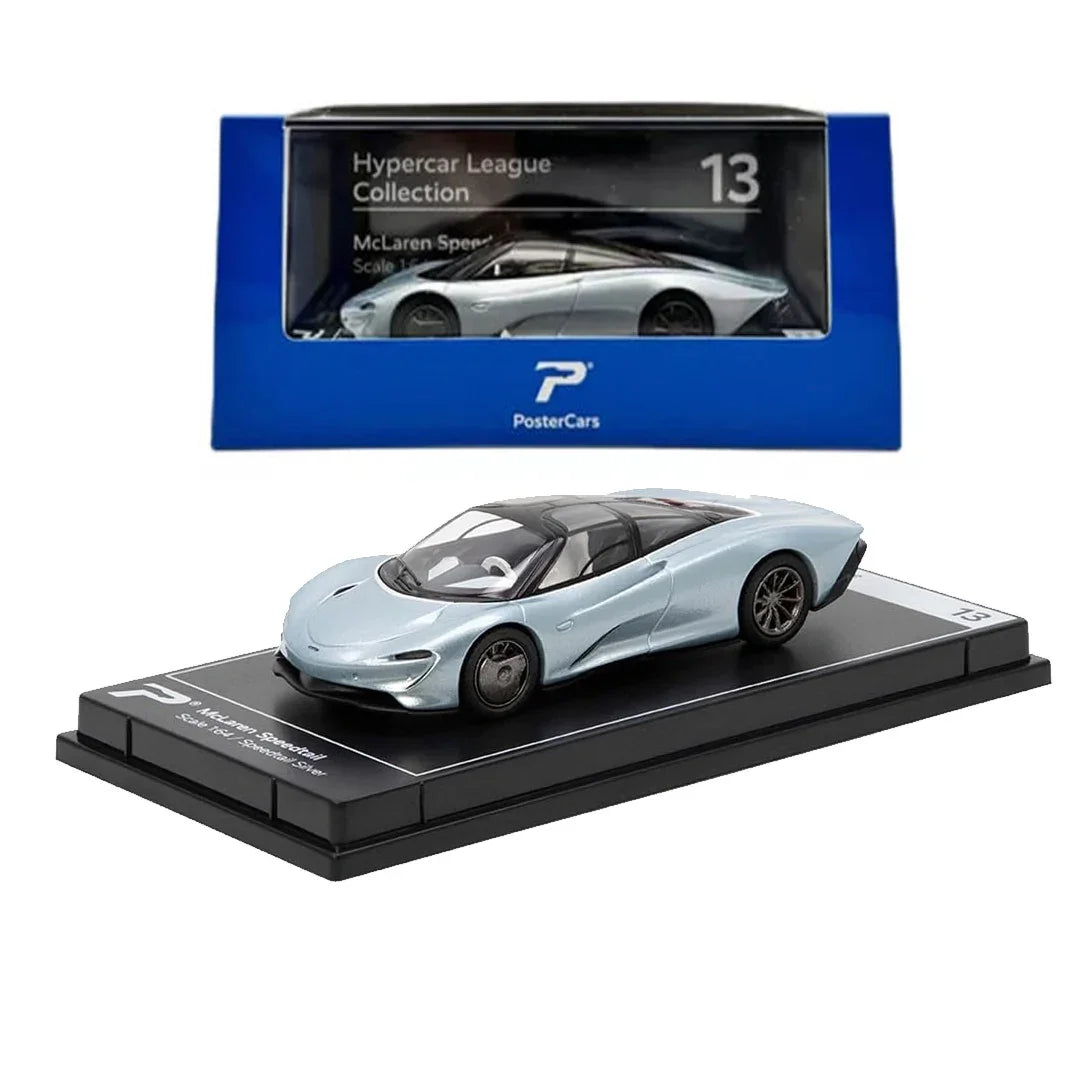 PosterCars 1:64 McLaren Speedtail – Speedtail Silver – Acrylic Box | Hypercar League Collection #13 - Jaiman Toys