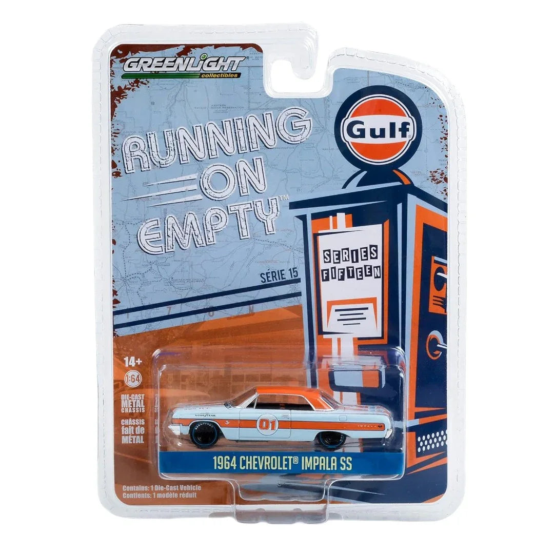 Greenlight Running on Empty – 1964 Chevrolet Impala SS (Gulf Livery, Series 13) 1:64 Scale Die-Cast Car - Jaiman Toys