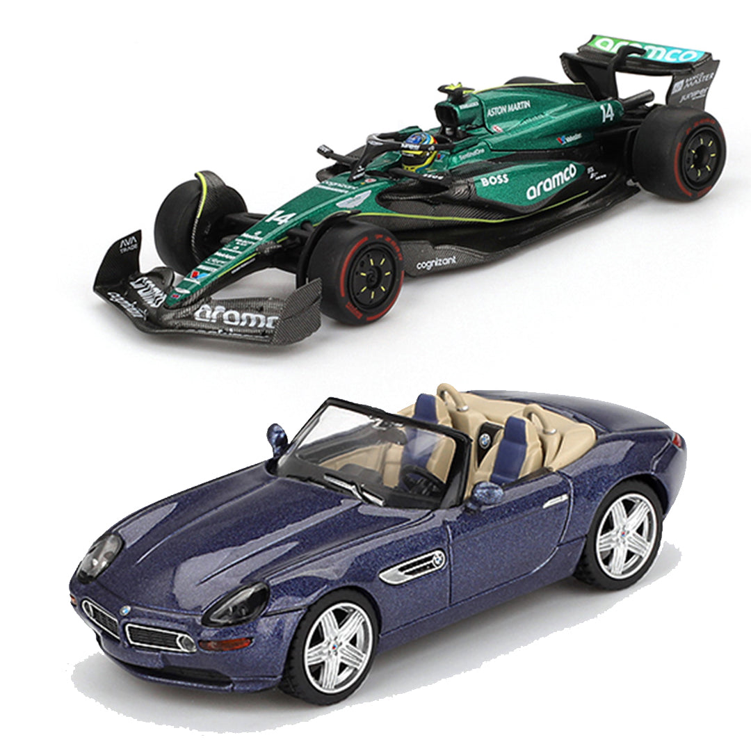 Mini GT 1:64 BMW Z8 Alpina Alpine Blue + Aston Martin AMR24 #14 Fernando Alonso F1 2024 Diecast Combo