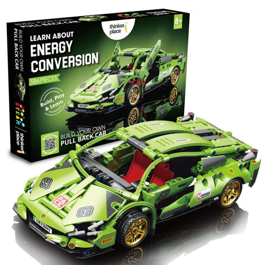 Thinker Place 1:18 DIY Blocks Pull-Back Car – Green | Buildable STEM Construction Racing Toy for Kids 8+