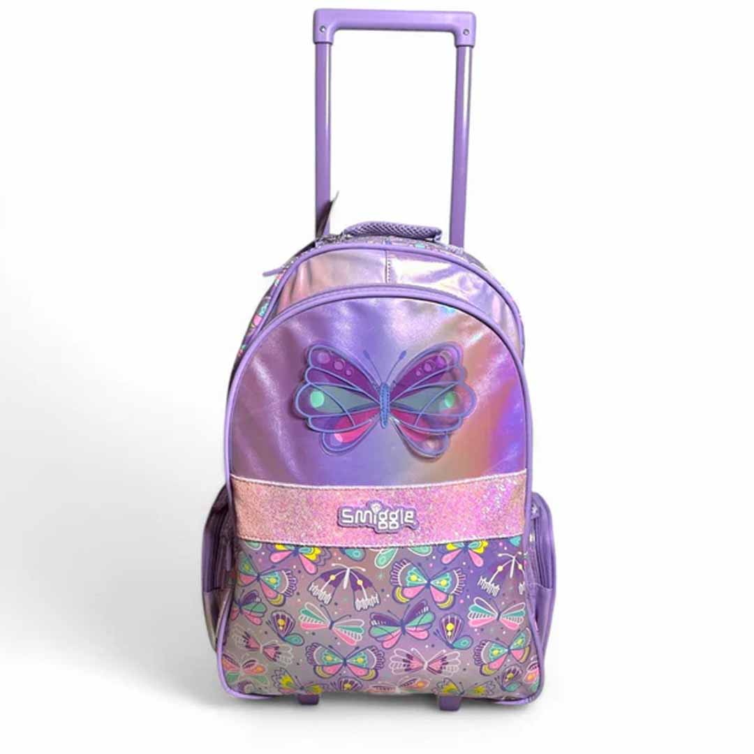 Smiggle Butterfly 18-Inch Light-Up Trolley Backpack for Kids – Colorful Wheeled School Bag with Extendable Handle