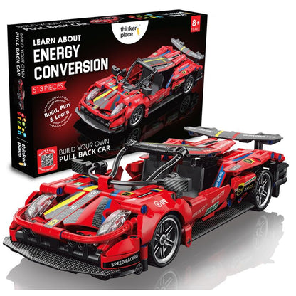 ThinkerPlace 1:18 DIY Blocks Pull-Back Car – Red | Buildable STEM Construction Racing Toy for Kids 8+