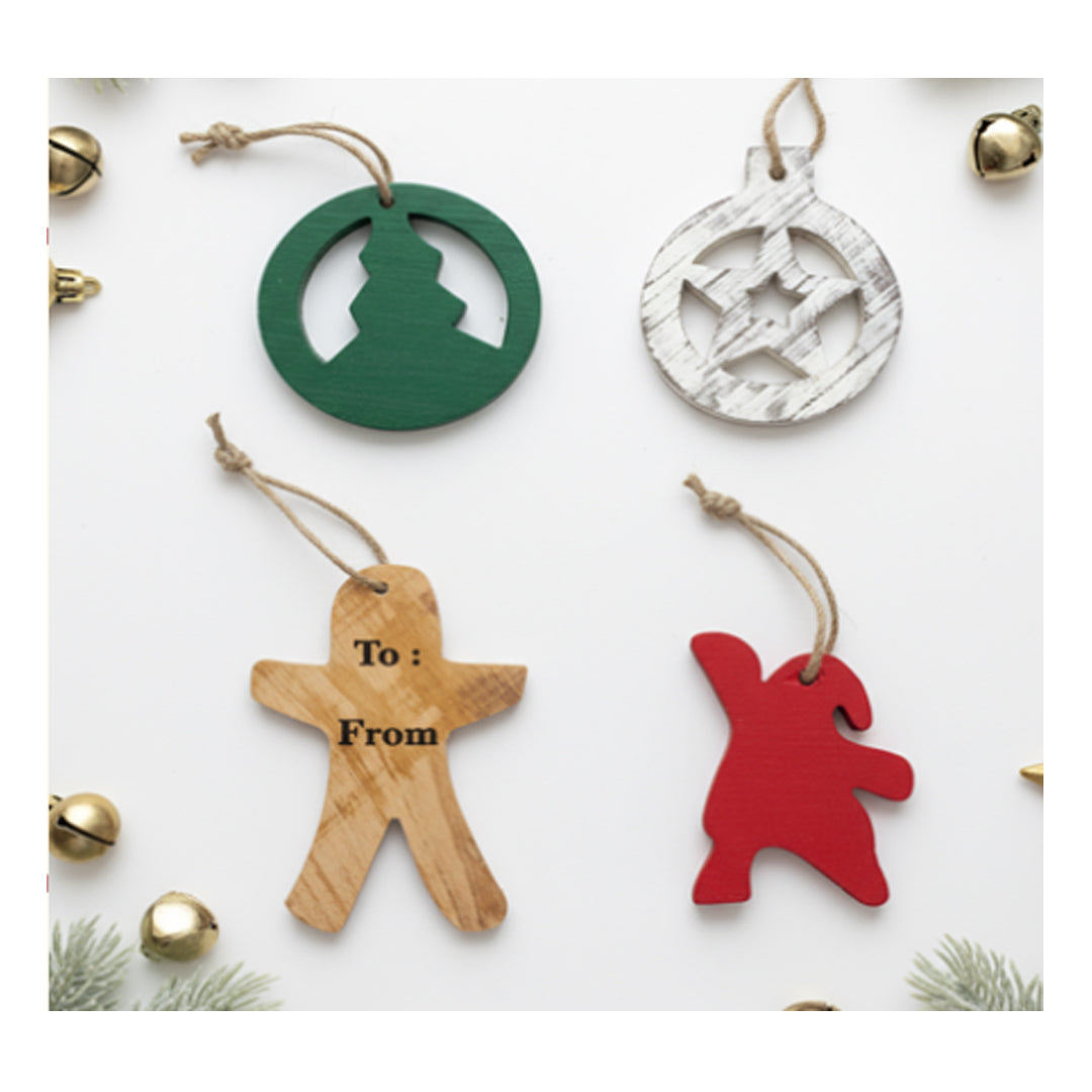 SWEN HERMES Handcrafted Wooden Christmas Ornaments – Rustic Festive Décor Set of 4 (Tree, Star, Candyman & Santa) | Natural Wooden Hanging Decorations