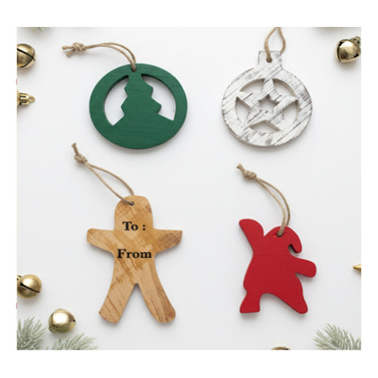 SWEN HERMES Handcrafted Wooden Christmas Ornaments – Rustic Festive Décor Set of 4 (Tree, Star, Candyman & Santa) | Natural Wooden Hanging Decorations