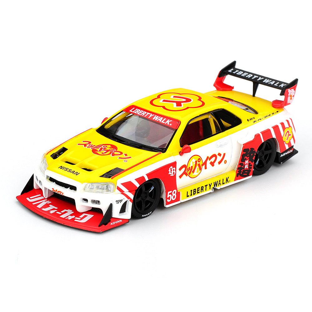 MINI GT 1:64 Nissan LB-ER34 Super Silhouette Skyline Suppaiman Okinawa #58 Liberty Walk Die-Cast Model Car