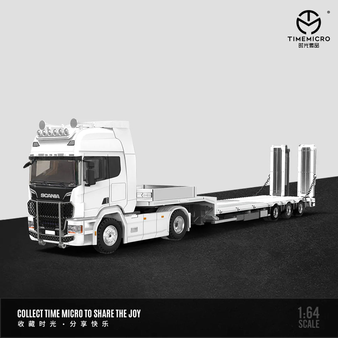 Time Micro 1:64 Scania Flatbed Transport Vehicle Diecast Model | Premium Metal Transporter with Display Base - White