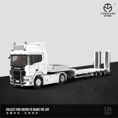 Time Micro 1:64 Scania Flatbed Transport Vehicle Diecast Model | Premium Metal Transporter with Display Base - White