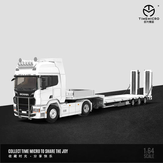 Time Micro 1:64 Scania Flatbed Transport Vehicle Diecast Model | Premium Metal Transporter with Display Base - White