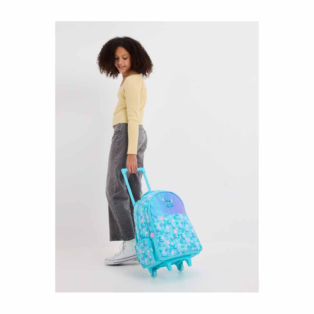 Smiggle Stitch 18-Inch Trolley Backpack for Kids – Colorful Disney Stitch School Bag with Light-Up Wheels & Extendable Handle