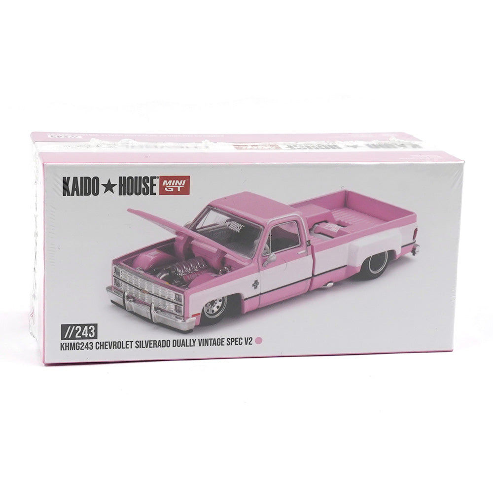 Kaido House x MINI GT 1:64 Chevrolet Silverado Dually Vintage Spec V2 Pink Die-Cast Pickup Truck