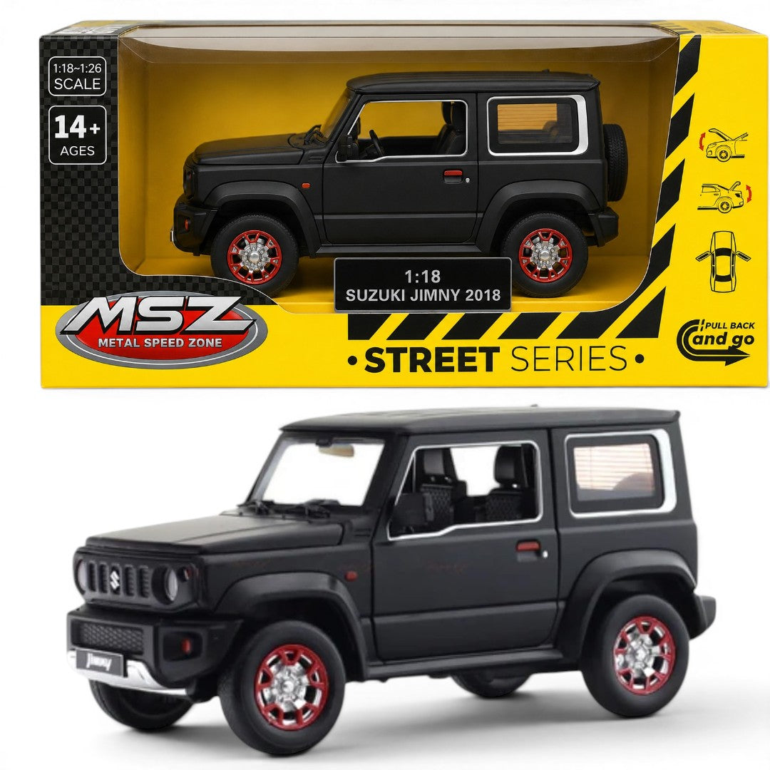 MSZ 1:18 Suzuki Jimny 2018 Black Die-Cast Model Car with Pull-Back Action & Openable Parts