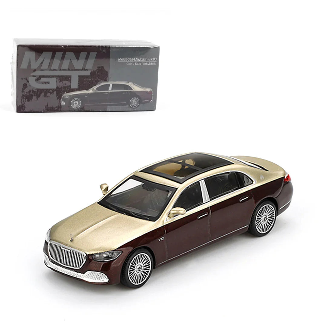 MINI GT 1:64 Mercedes-Maybach S 680 – Gold / Dark Red Metallic - Jaiman Toys