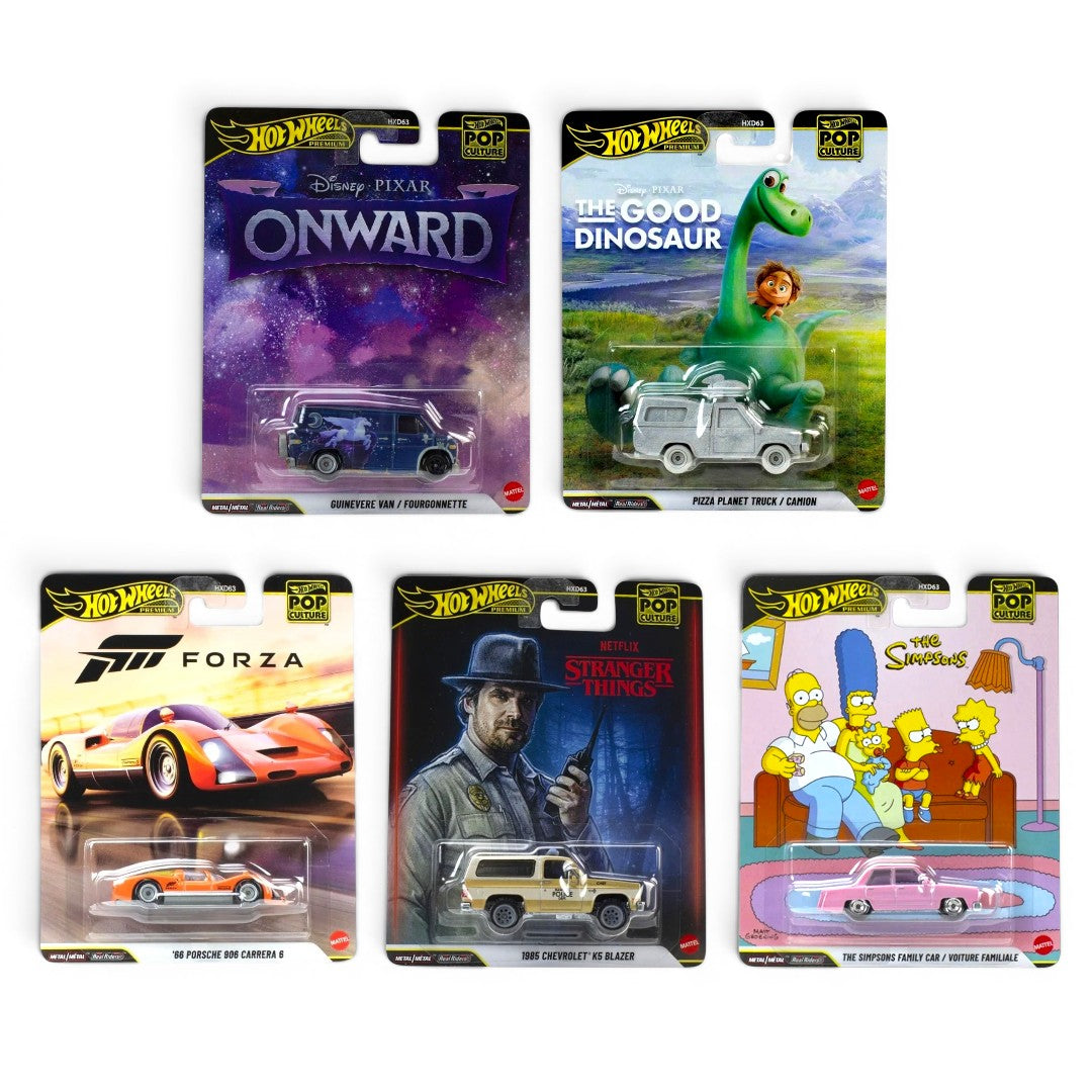 Hot Wheels 1:64 Scale  Premium Pop Culture 5-Car Set HXD63 | Disney Pixar, Forza, Stranger Things & The Simpsons | Metal/Metal with Real Riders | BGX