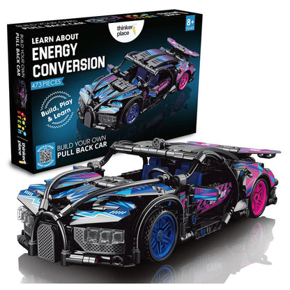 ThinkerPlace 1:18 DIY Blocks Pull-Back Car – Black & Blue | Buildable STEM Construction Racing Toy for Kids 8+