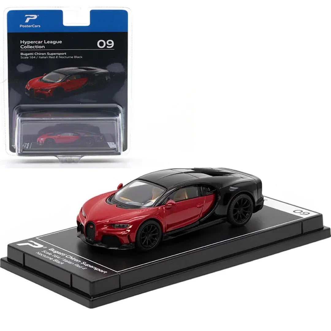 PosterCars 1:64 Bugatti Chiron Supersport – Red & Black - Blister Pack | Hypercar League Premium Diecast Collectible - Jaiman Toys