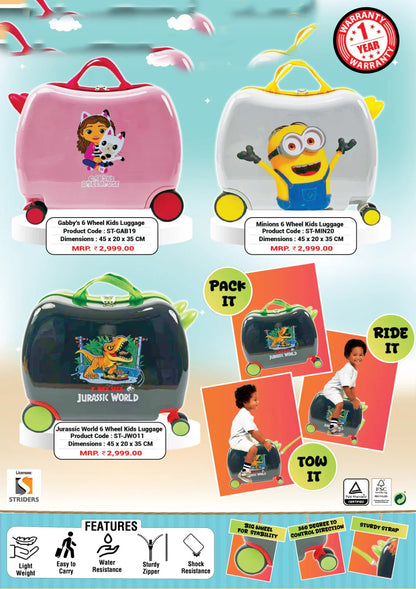 STRIDERS Minions Kids Travel Trolley Suitcase – Lightweight Ride-On Cabin Luggage with Wheels & Handle