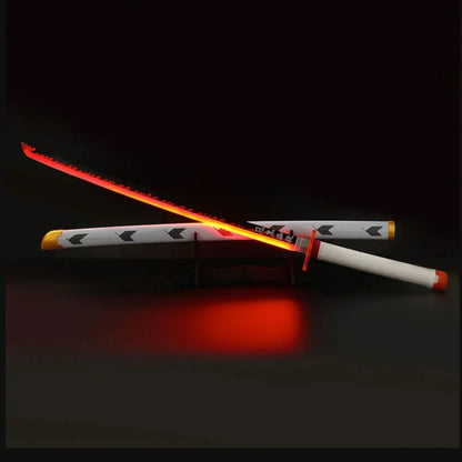 Demon Slayer Rengoku Kyojuro Samurai Sword – Flame Pillar Wooden Katana With Light Effect | Anime Cosplay Prop Sword for Kids & Collectors (Black & Red Blade)