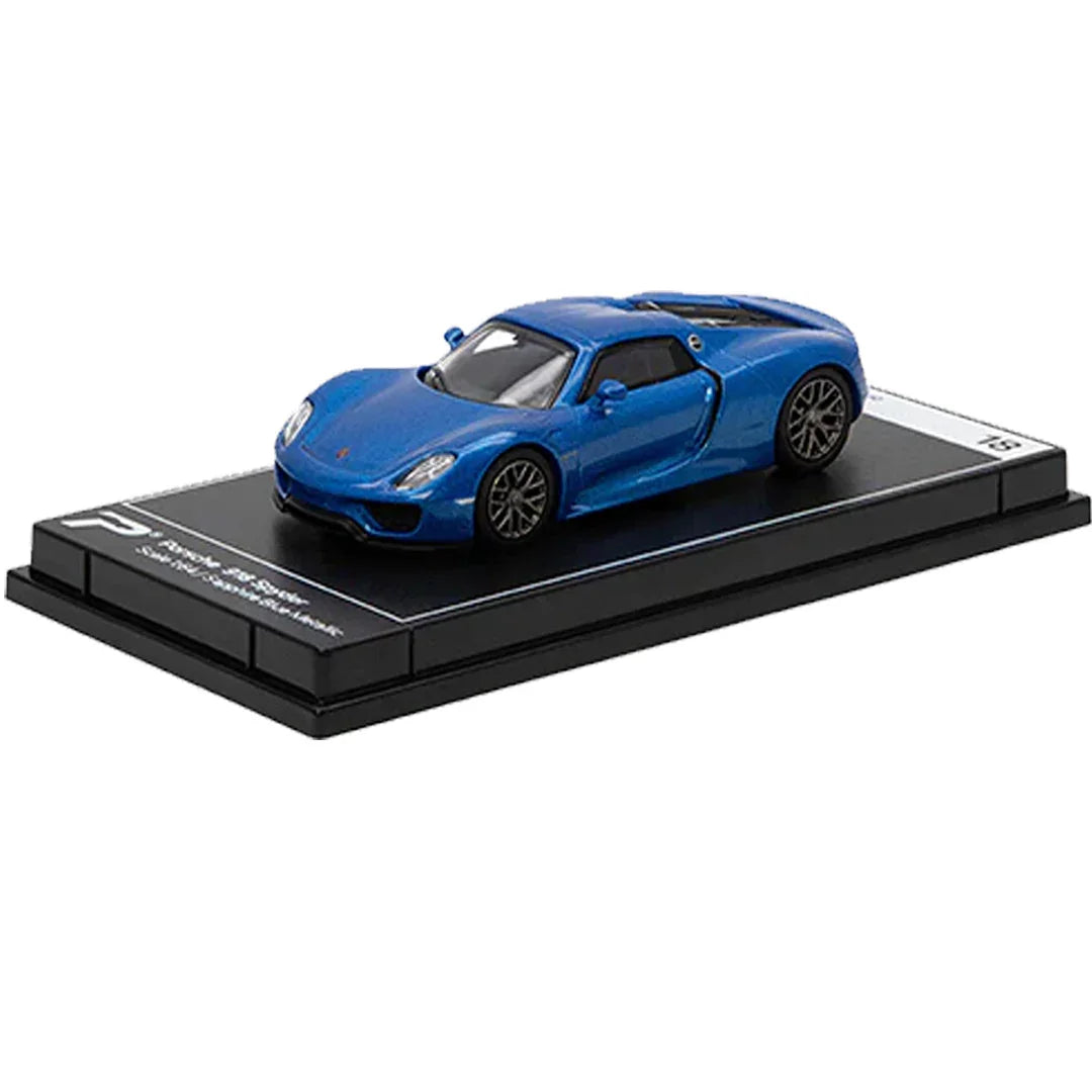 PosterCars 1:64 Porsche 918 Spyder – Sapphire Blue Metallic – Acrylic Box | #H18 - Jaiman Toys
