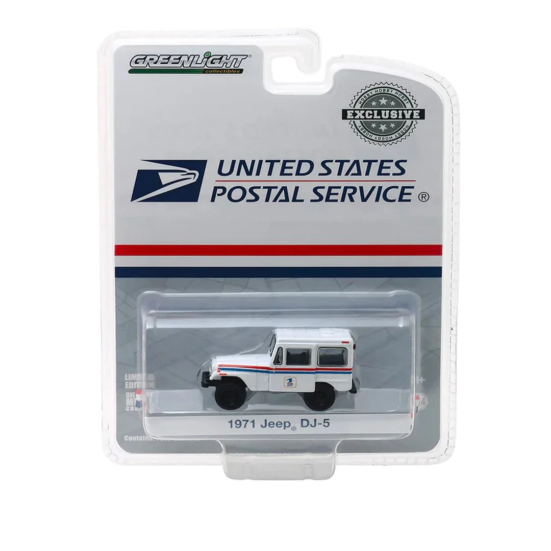Greenlight 1:64: United States Postal Service, 1971 Jeep DJ-5, With Red &amp; White Stripes, Hobby Exclusive - Jaiman Toys