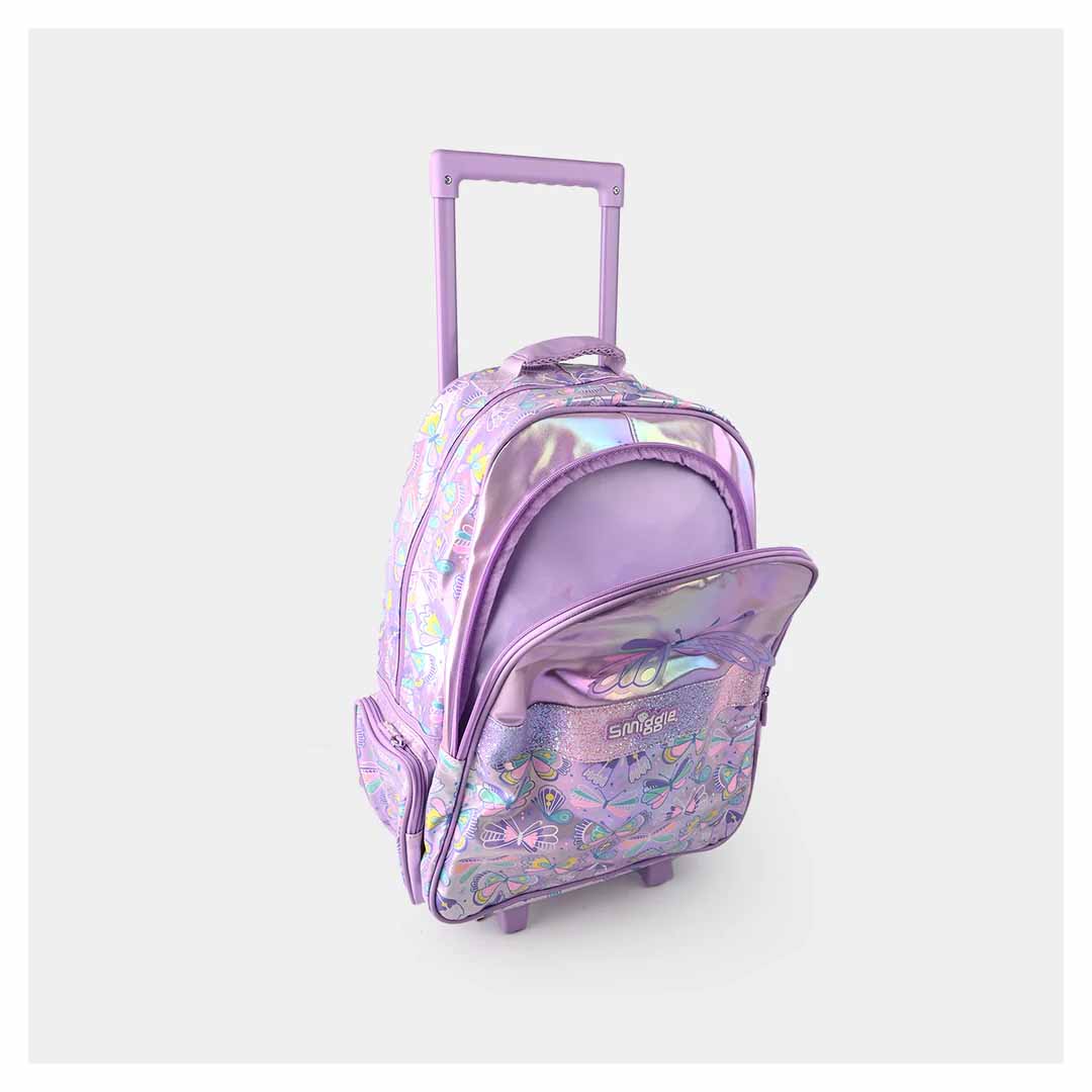 Smiggle Butterfly 18-Inch Light-Up Trolley Backpack for Kids – Colorful Wheeled School Bag with Extendable Handle