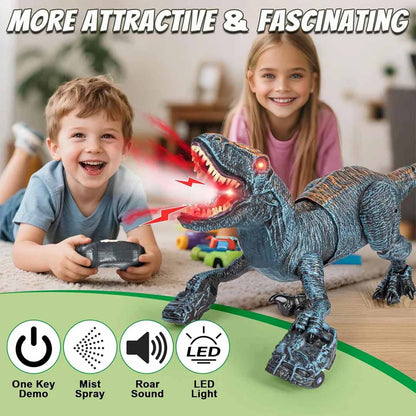Remote Control 2.4G Walking Dinosaur Toy with Mist Spray, LED Lights & Roaring Sound – RC Robot Dino with 360° Neck Movement for Kids 3+ Years
