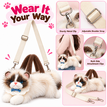 Meowing Plush Ragdoll Cat Handbag & Crossbody Bag | Fluffy Ragdoll Kitty Purse with Adjustable Strap & Lace Collar for Girls & Women