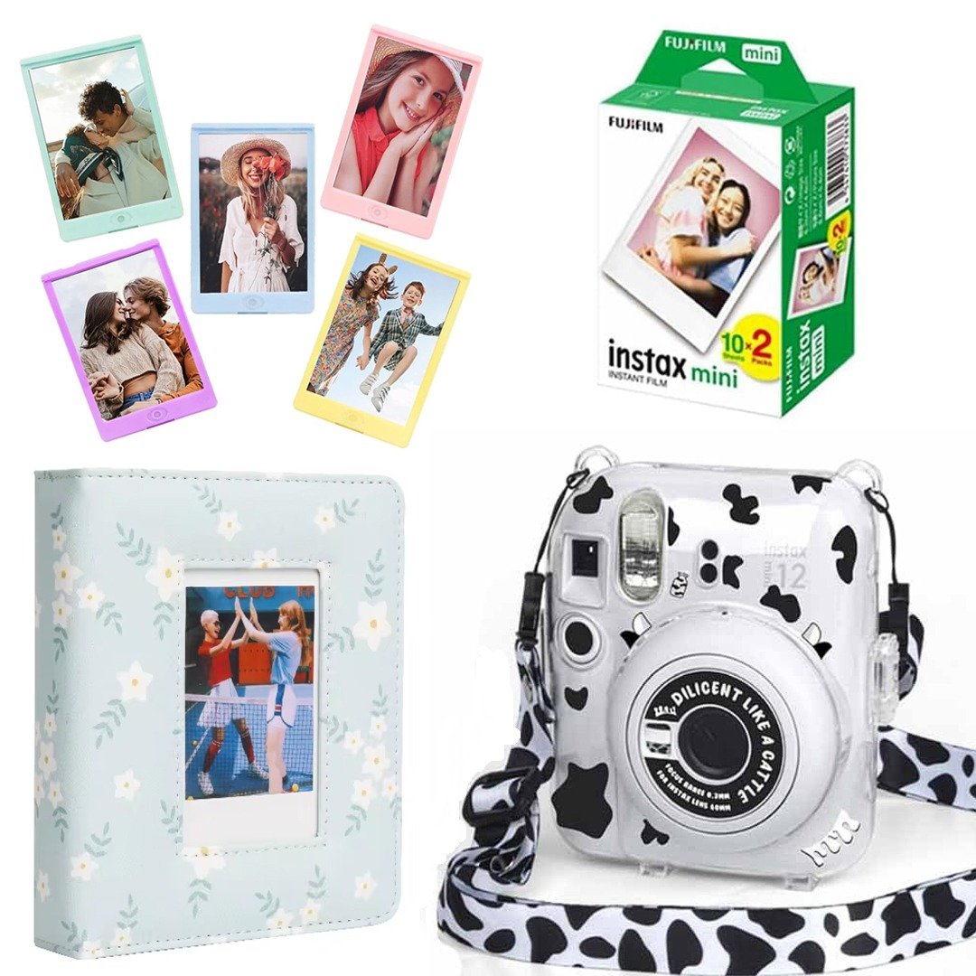 Instax Mini 12 Acrylic Camera Case Clay White , Cute Strap,20 shots  Film Pack,5 colored photo  Frames &amp; Album