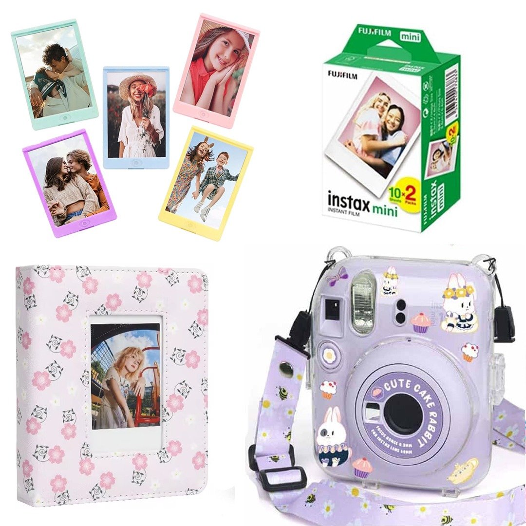 Accesssories Bundle Pack - Camera Case for Instax Mini 12 (Acrylic Purple) + 20 shots Film Pack,+ 5  Colored photo Frames, and Photo Album