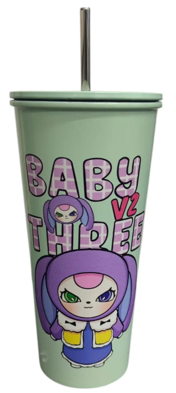 BABY THREE Colorful Stainless Steel Water Bottle – 500ml | With Lid & Metal Straw | Cute Character Design - Jaiman Toys