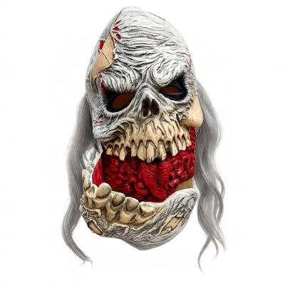 Halloween Zombie Skull Horror Mask with Open Jaw & Long Grey Hair – Scary Costume Mask for Adults