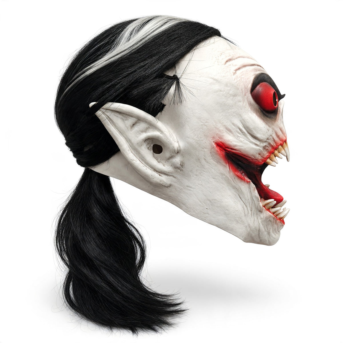 Halloween Scary White Demon Mask with Red Eyes & Black Hair – Horror Costume Mask for Adults