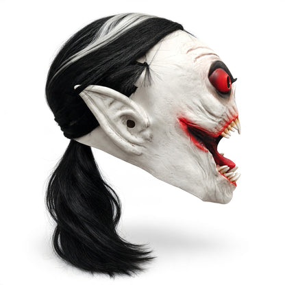 Halloween Scary White Demon Mask with Red Eyes & Black Hair – Horror Costume Mask for Adults