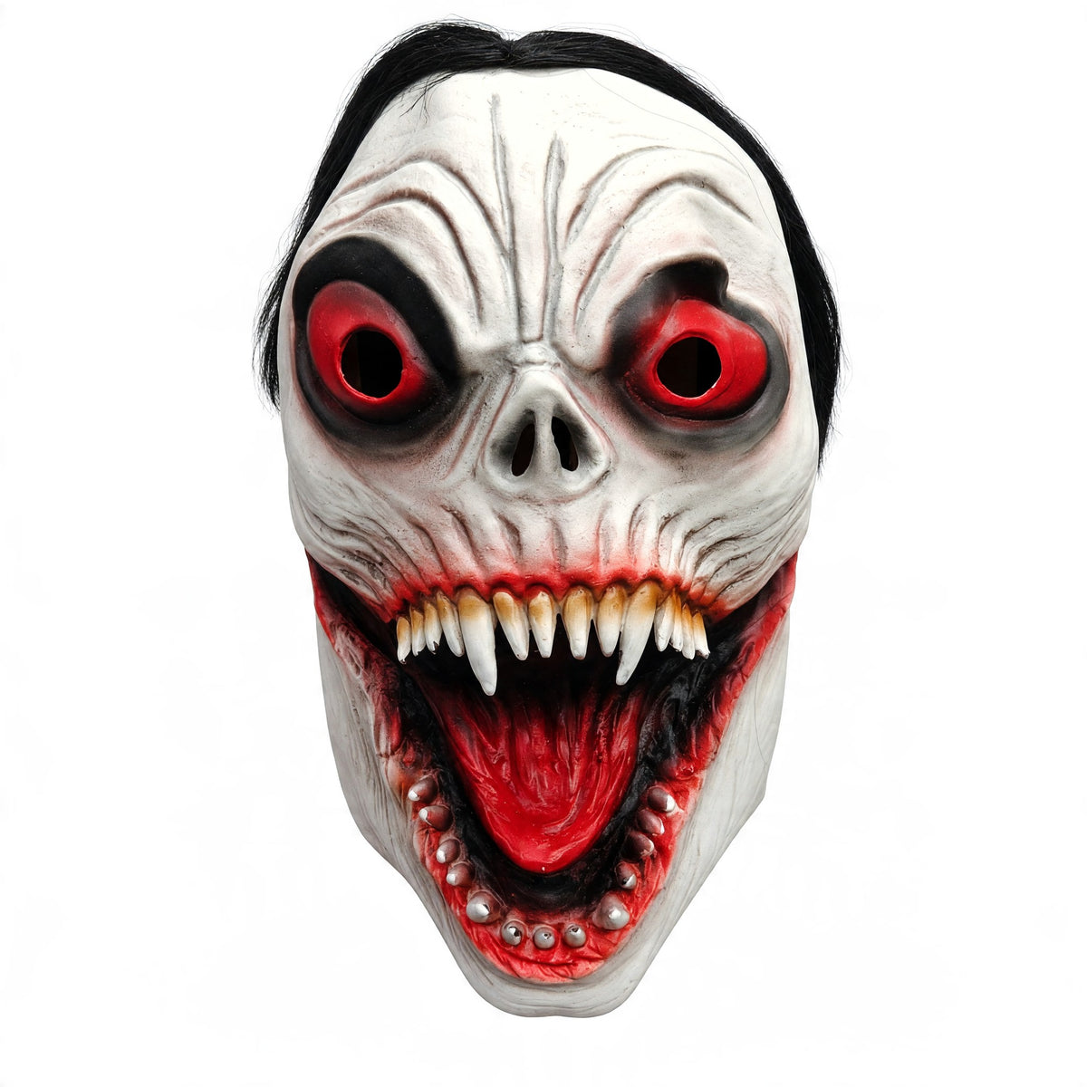 Halloween Scary White Demon Mask with Red Eyes & Black Hair – Horror Costume Mask for Adults