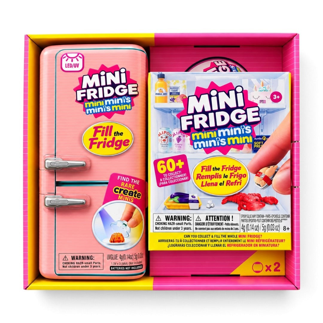 Mini Mini's Mini Mini Fridge Playset – Fill the Fridge Toy with 60+ Collectibles & Built-in LED/UV Light - Small Pink