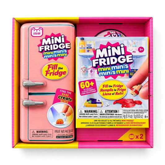 Mini Mini's Mini Mini Fridge Playset – Fill the Fridge Toy with 60+ Collectibles & Built-in LED/UV Light - Small Pink